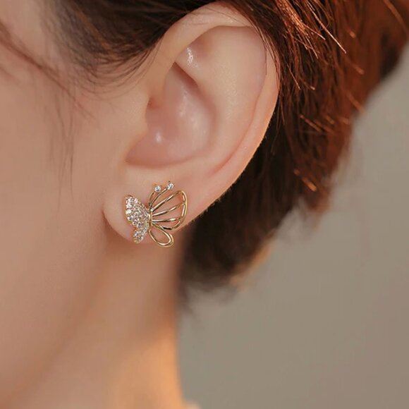 Elegant Gold OR Silver Color Cubic Zircon Butterfly Stud Earrings - Picture 9 of 9